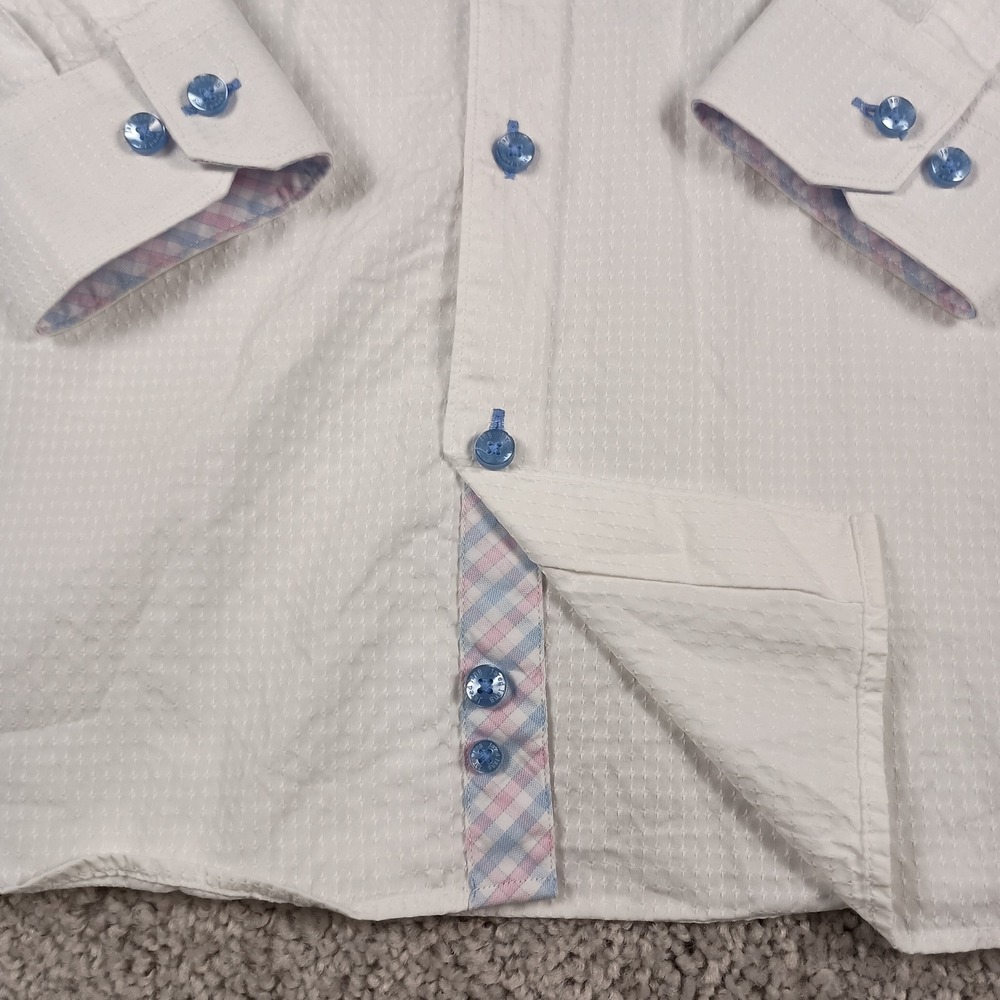 Jared Lang Button Down Shirt Mens M White Excellent Textured Dobby Blue Buttons - Picture 3 of 10